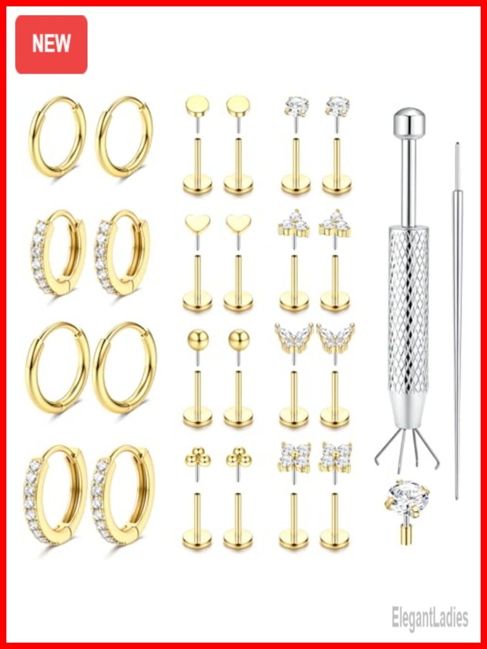Flat Back Earrings 316L Surgical Steel 14K Gold Plated Threadless Studs
